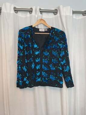 Vintage Laurence Kazar Silk Beaded Sequin Jacket Black Blue Green
Mermaid